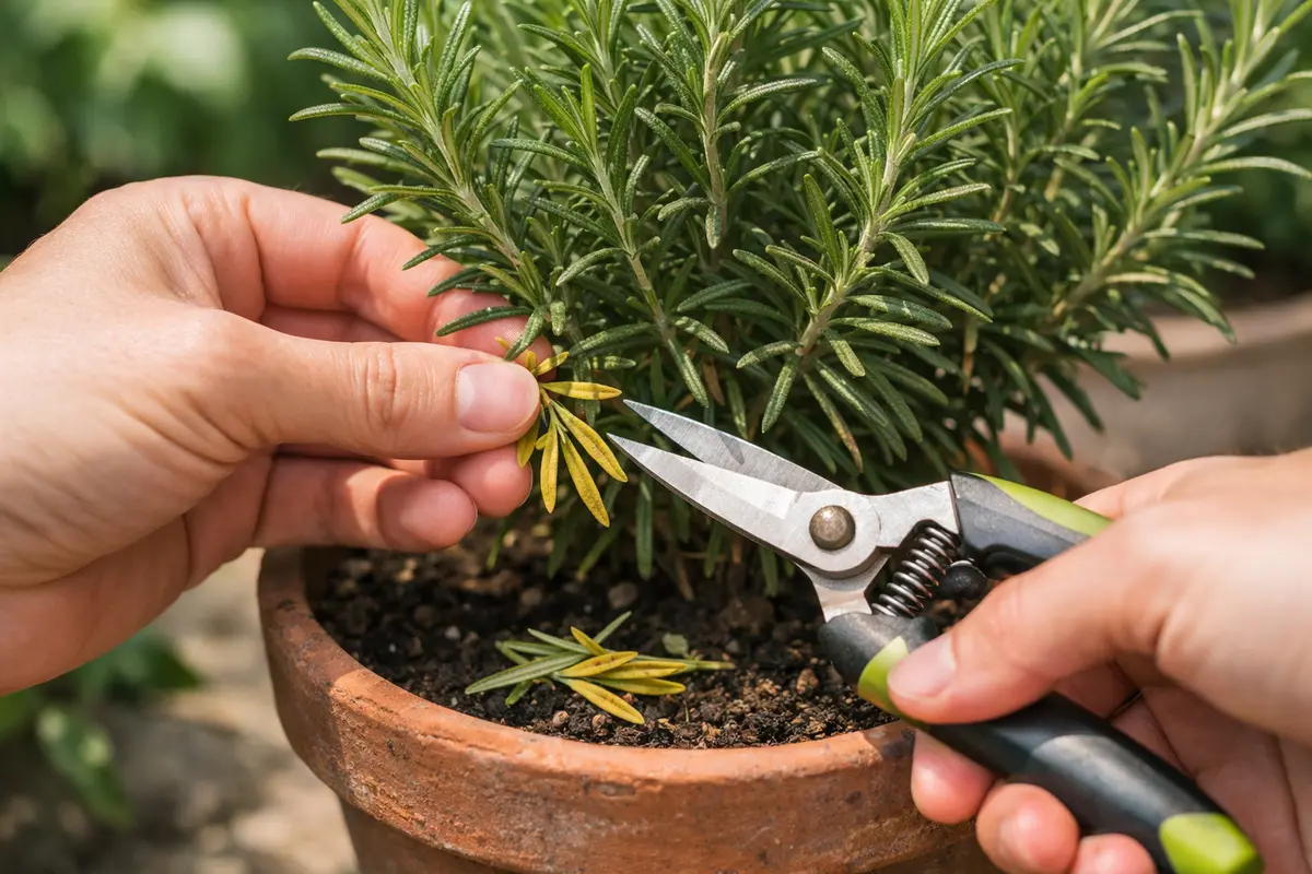 Step 1 – Trim Yellowing Rosemary Leaves Promptly Fixing yellowing leaves on rosemary plants after overwatering Section illust