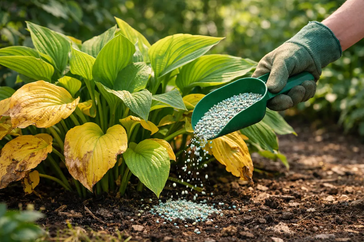 Step 3 – Revive Hostas with Balanced Fertilizer Why do my hostas have yellow leaves during summer Section illustration.
