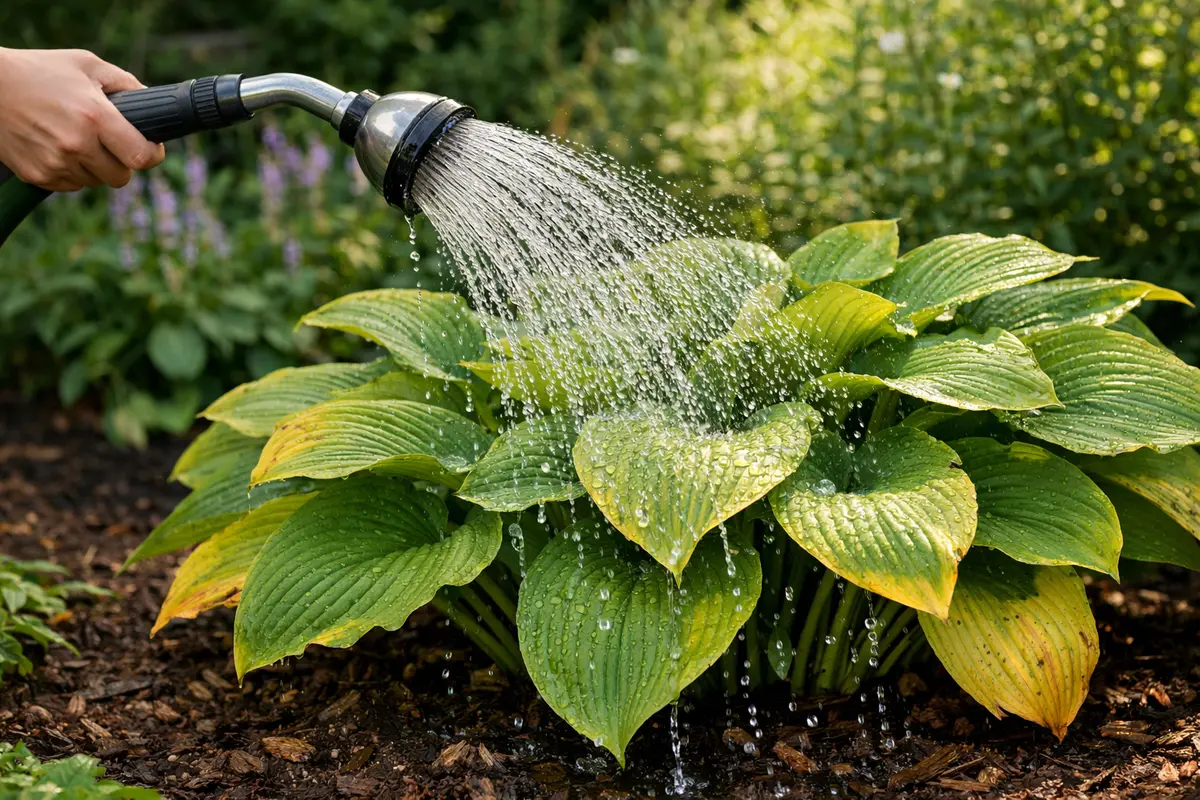 Step 4 – Water Hostas Consistently During Summer Why do my hostas have yellow leaves during summer Section illustration.