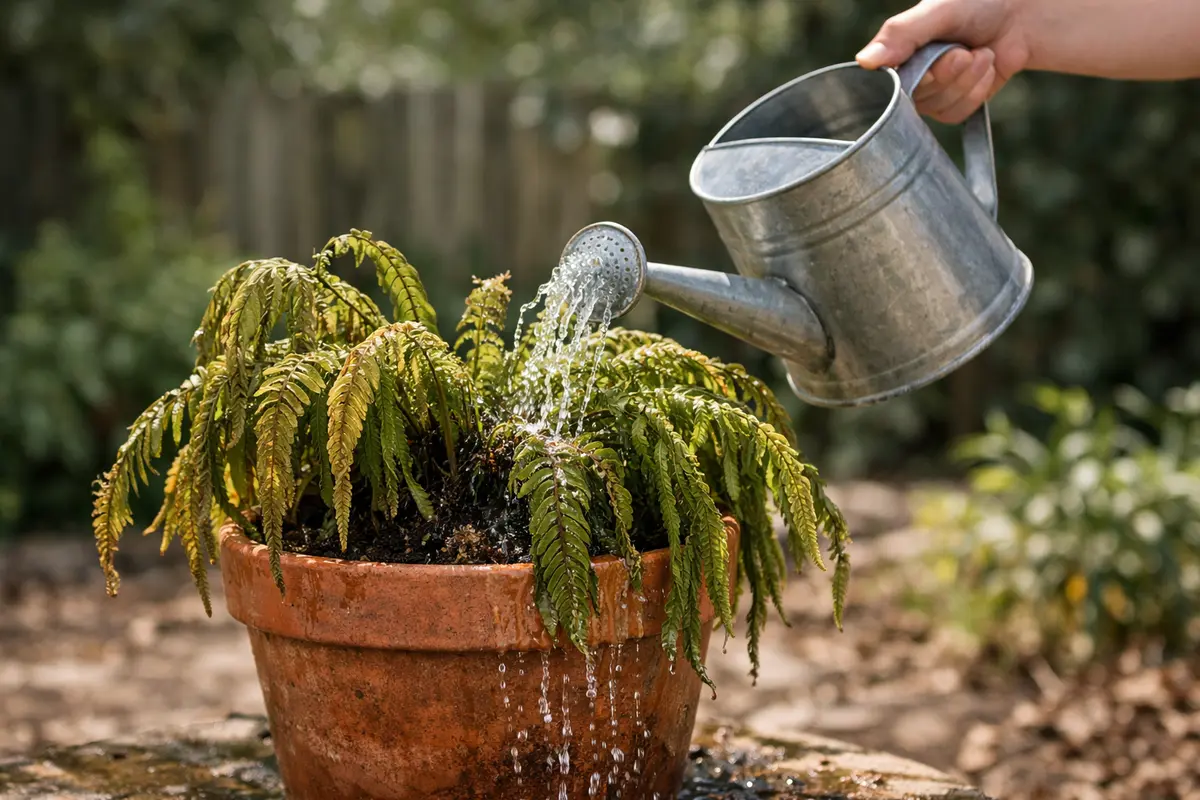Step 1 – Water Drooping Ferns Immediately How to fix drooping ferns during a drought Section illustration.