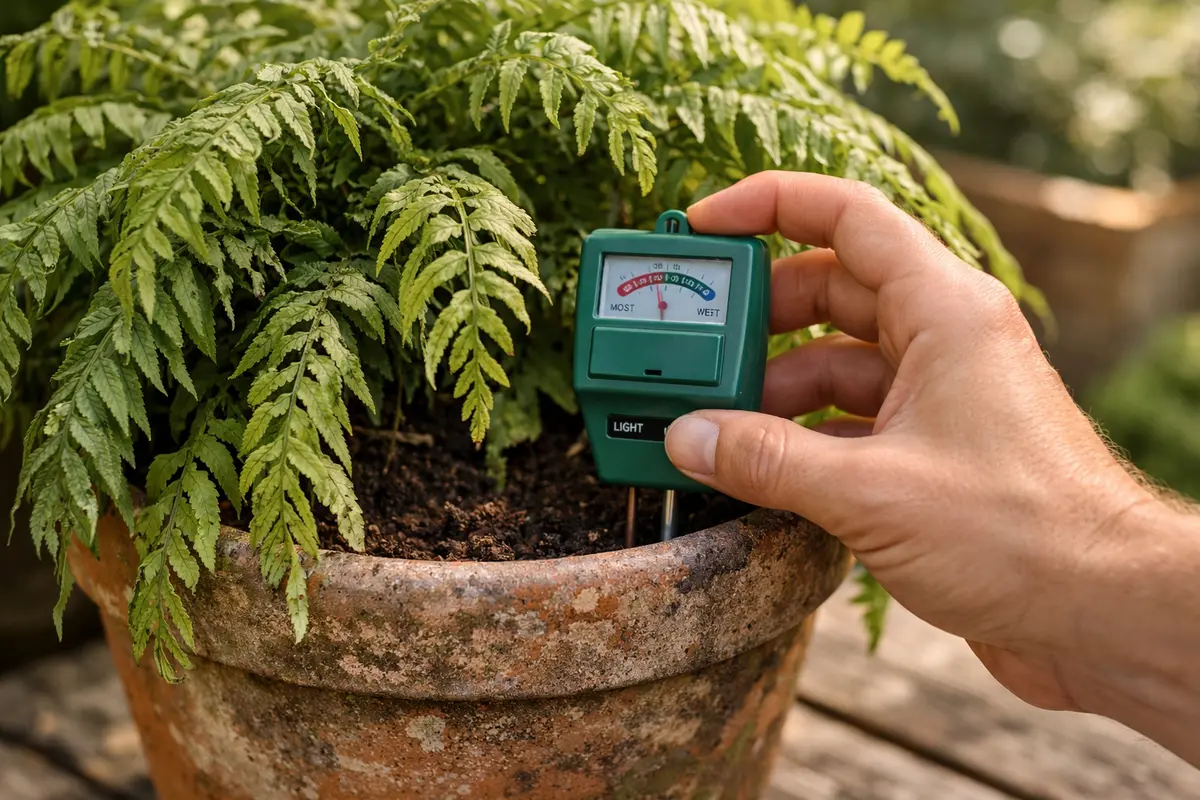 Step 3 – Test Soil Moisture Before Treatment How to fix drooping ferns during a drought Section illustration.