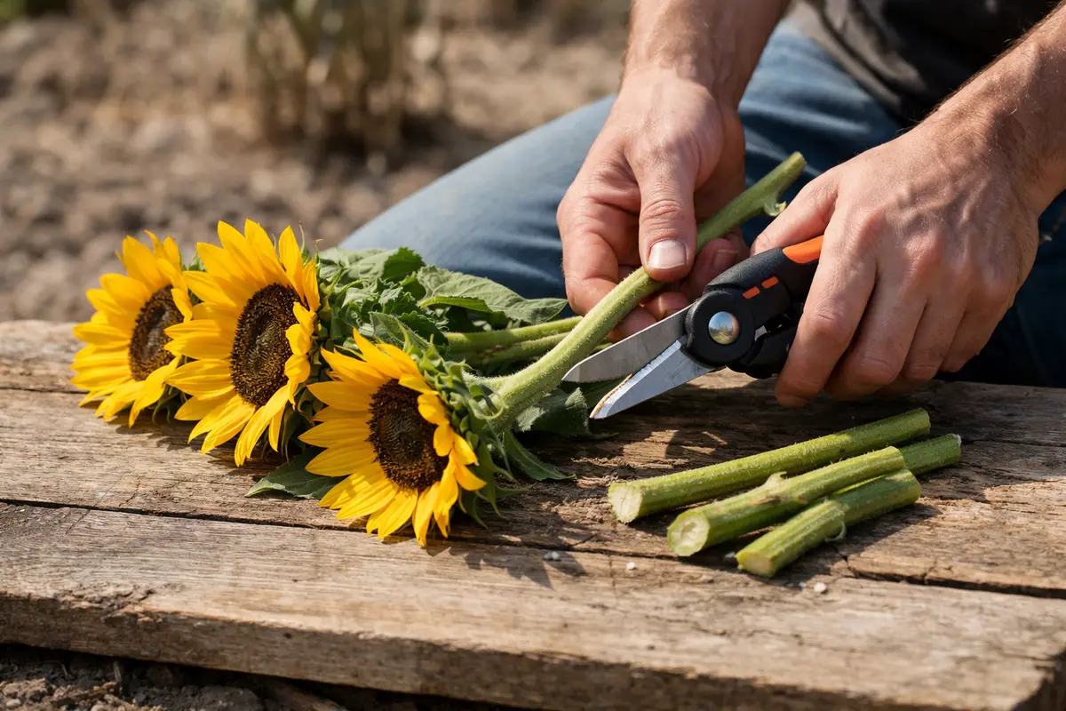 Step 1 – Trim Sunflower Stems to Reduce Stress How to fix drooping sunflower stems during drought Section illustration.