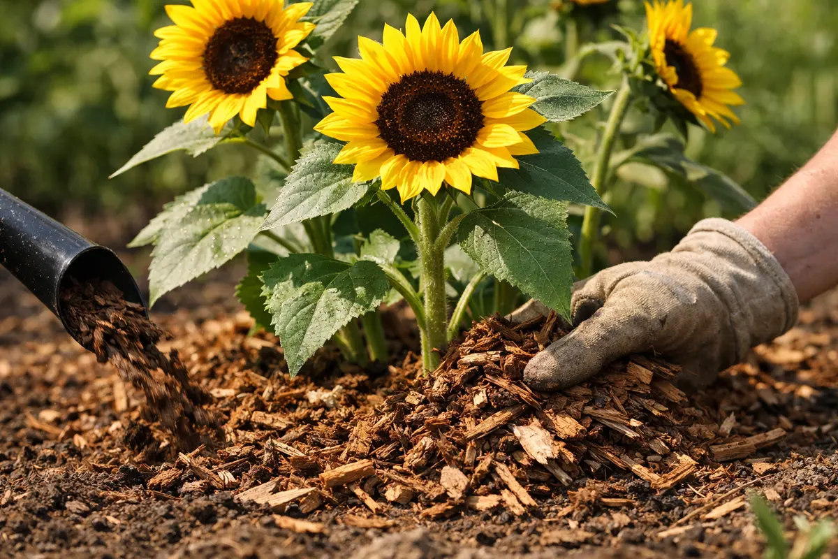 Step 4 – Mulch Around Sunflowers to Retain Moisture How to fix drooping sunflower stems during drought Section illustration.