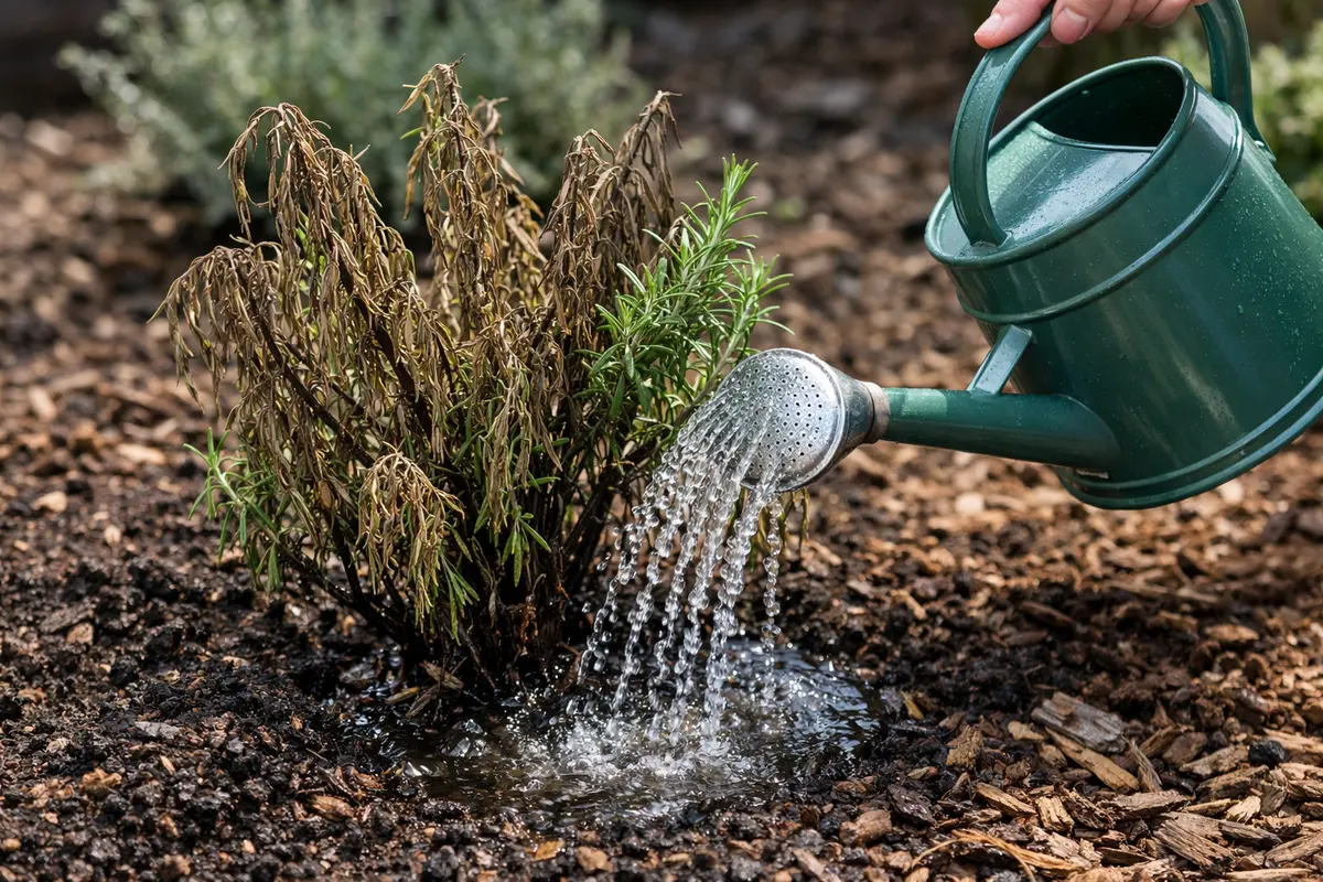 Step 3 – Water Rosemary Deeply to Aid Recovery How to stop wilting rosemary after frost Section illustration.