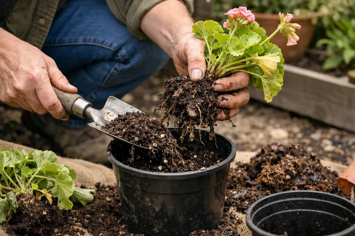 how to fix root rot in replant geraniums in fresh, well-draining soil