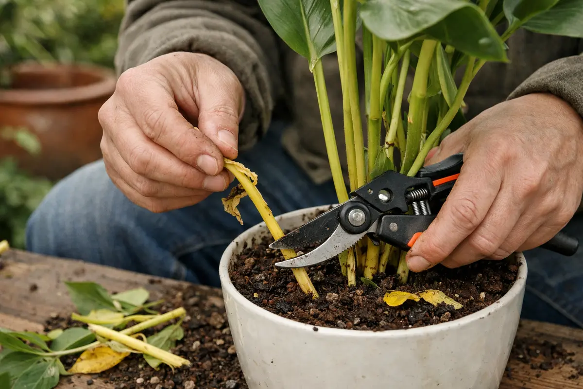 how to fix yellowing stems on remove affected stems of indoor plants