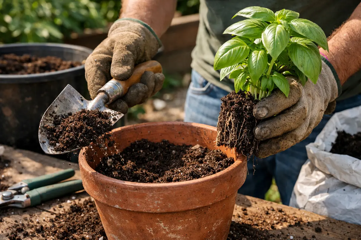 how to prevent fungal growth on repot basil in fresh, dry soil