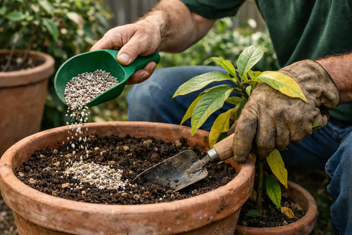 how to stop yellowing leaves on feed avocado with balanced fertilizer mix