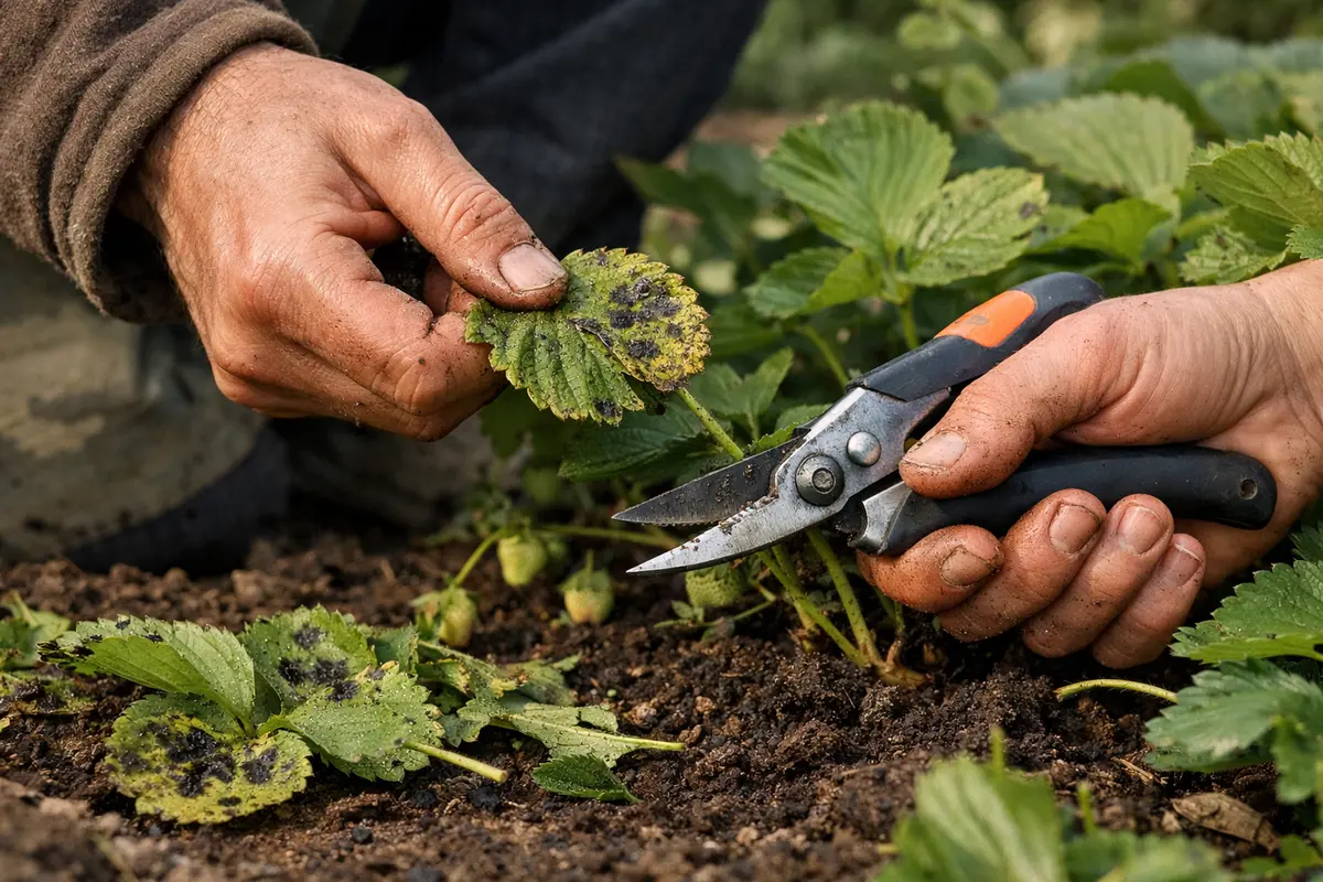 how to treat black spots on strawberries trim affected strawberry leaves immediately
