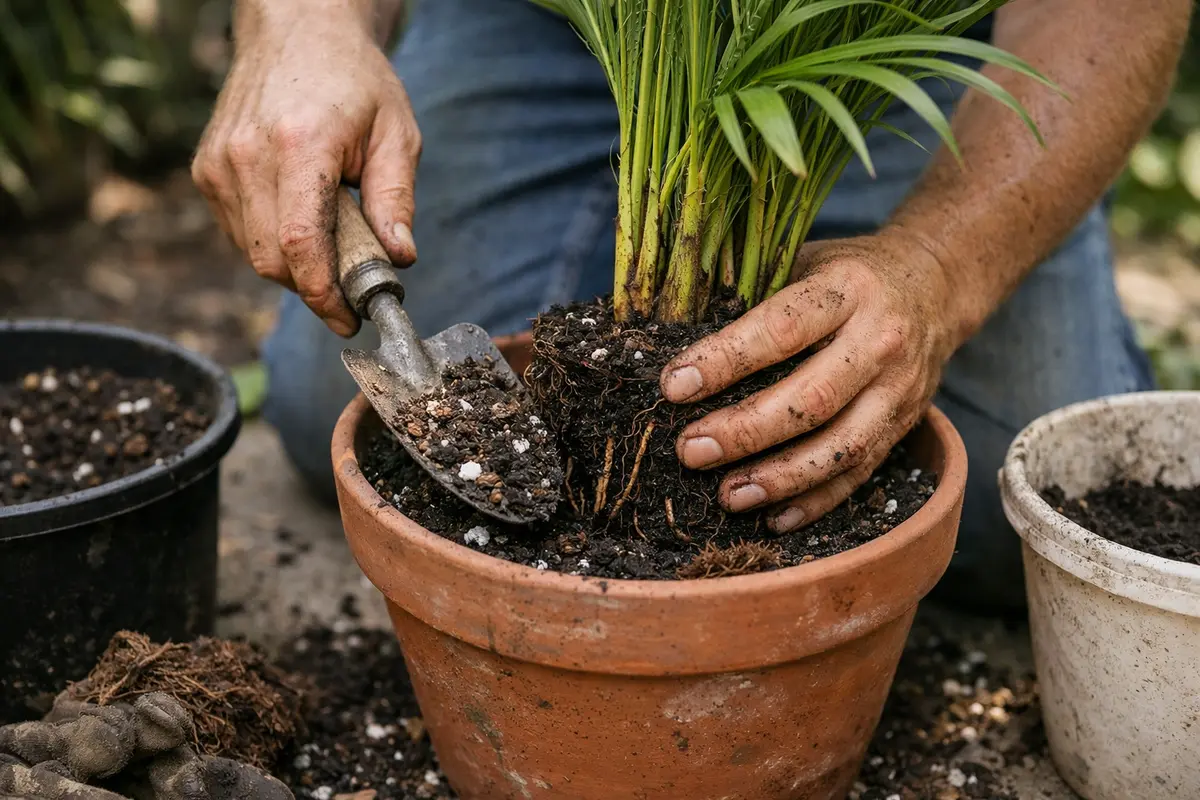 how to treat root rot in replant palm in fresh, well-draining soil