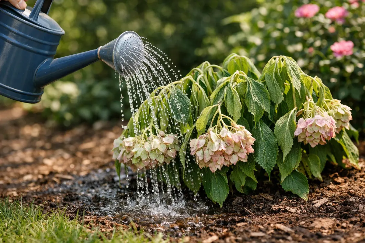 Step 1 – Water Drooping Hydrangeas Immediately How to treat drooping hydrangeas in hot weather Section illustration.