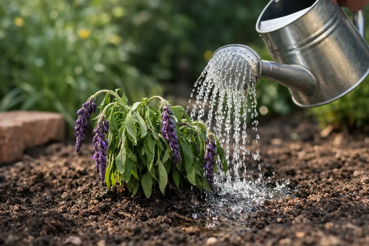 Step 1 – Water Wilting Salvia Immediately to Revive How to treat wilting salvia after transplant shock Section illustration.