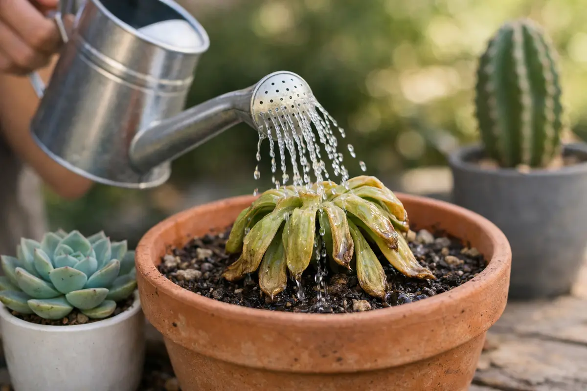 Step 1 – Water Succulents to Revive Wilting Leaves How to treat wilting succulents in hot weather Section illustration.