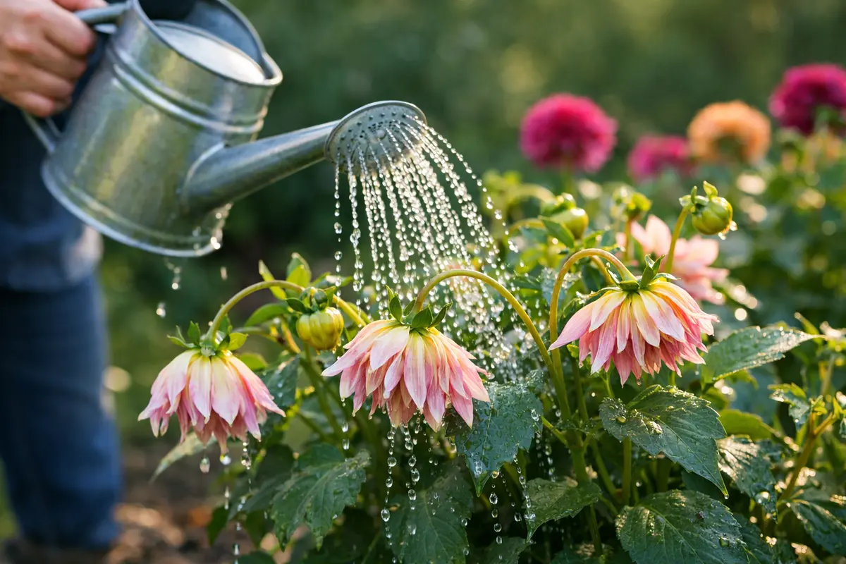 Step 3 – Water Dahlia Plants to Revitalize Blooms What to do if dahlia blooms droop after heavy winds Section illustration.