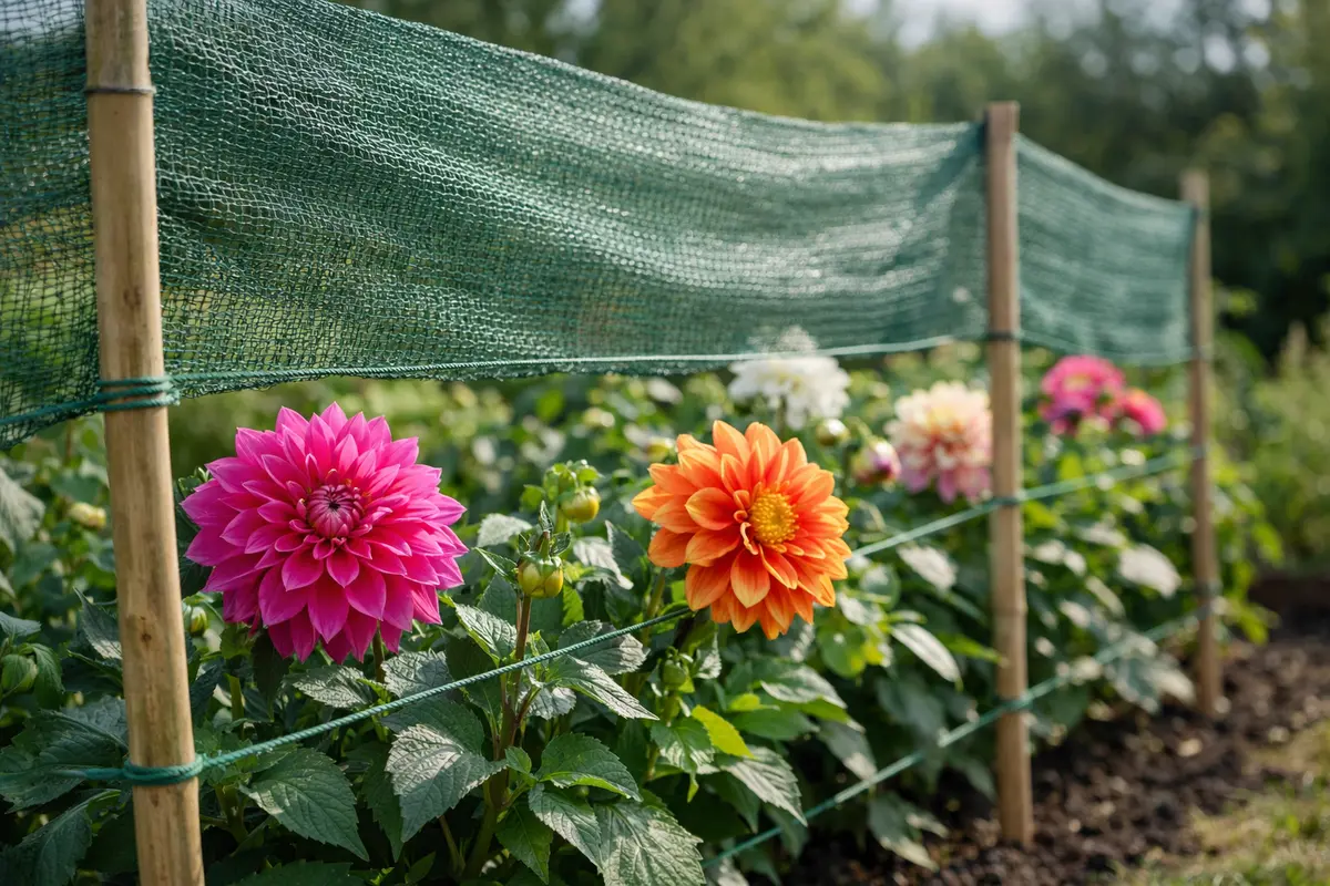 Step 4 – Protect Dahlias from Strong Winds Next Season What to do if dahlia blooms droop after heavy winds Section illustrati