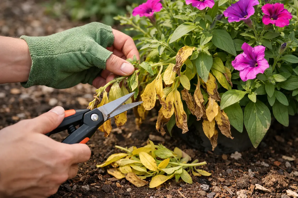 Step 1 – Trim Yellowed Petunia Foliage Immediately What to do if your petunia plants turn yellow in fall Section illustration