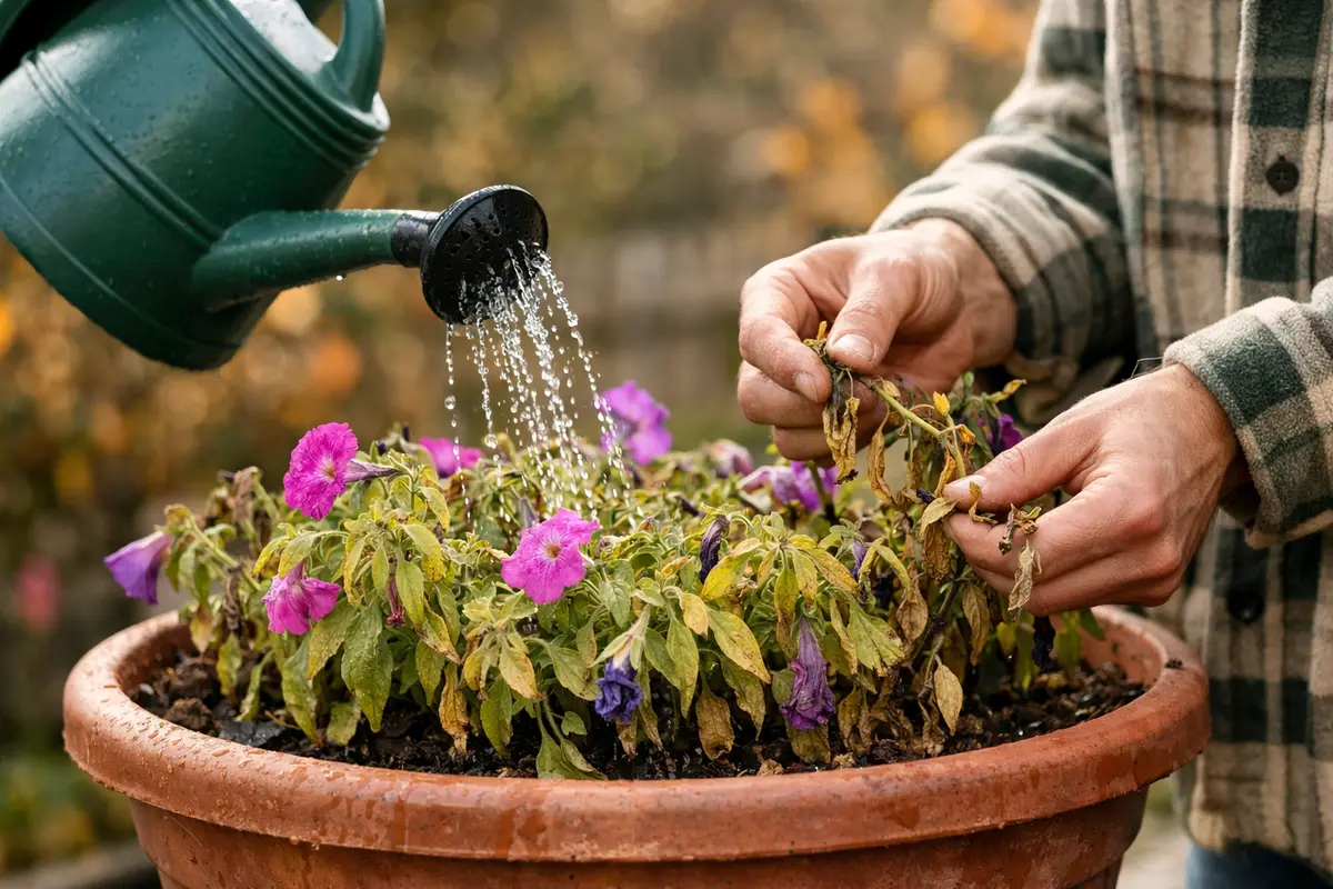 Step 4 – Avoid Overwatering to Shelter Petunias in Fall What to do if your petunia plants turn yellow in fall Section illustr