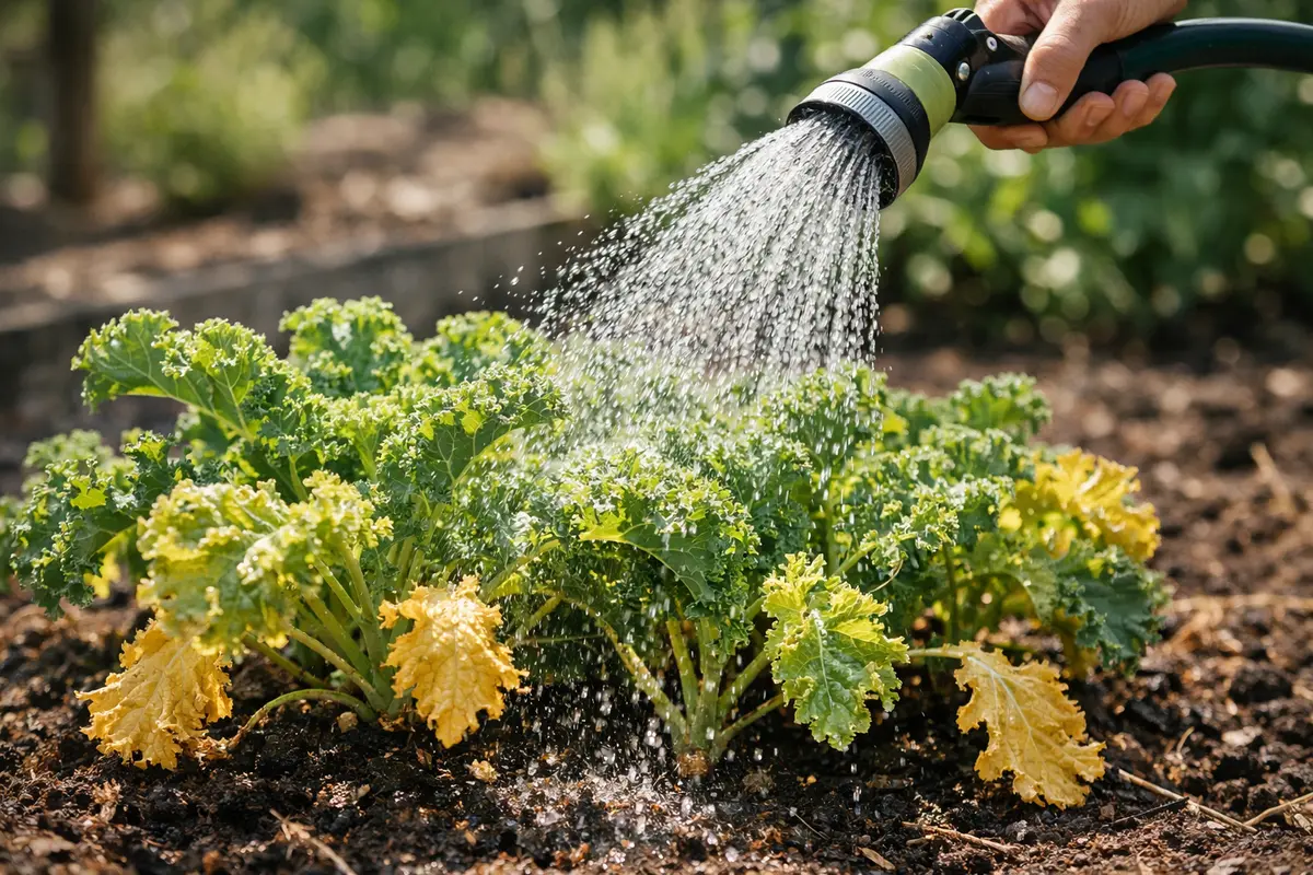 Step 1 – Water Kale Plants Immediately in Heat What to do when your kale plants turn yellow in heat Section illustration.