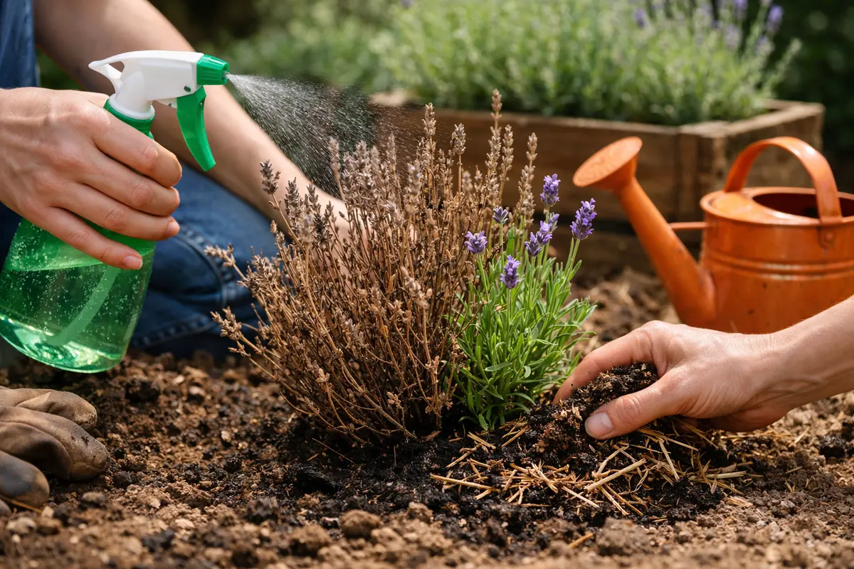 Step 3 – Restore Plant Health What to do when your lavender plants turn brown during drought Section illustration.