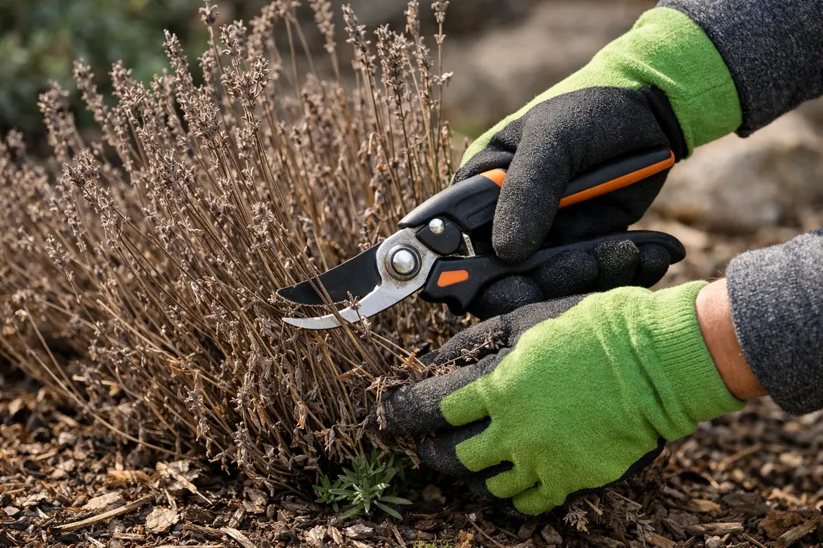 Step 1 – Trim Brown Lavender Stems After Frost What to do when lavender turns brown after frost Section illustration.