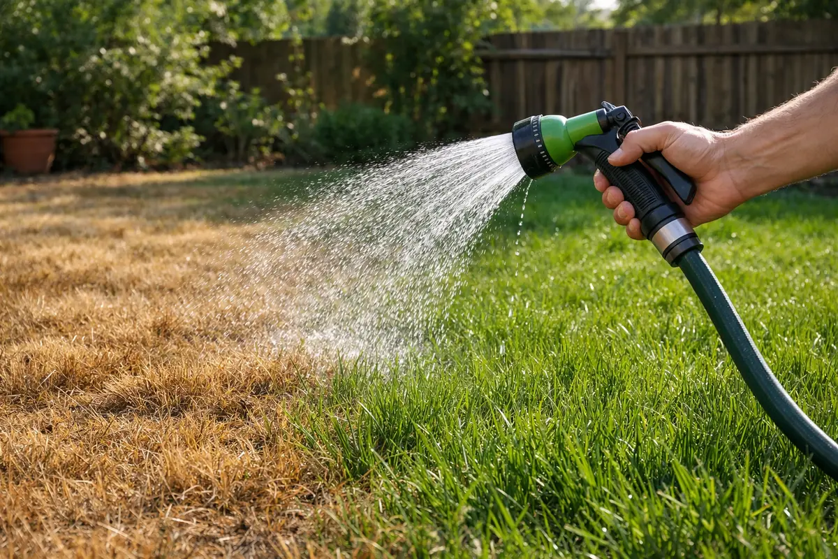 Step 1 – Water Lawn Deeply to Alleviate Stress What to do when lawn turns brown after a week of heat Section illustration.