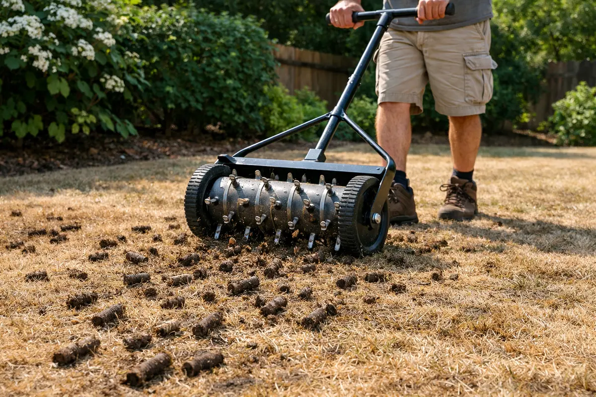 Step 3 – Aerate Soil to Aid Grass Recovery What to do when lawn turns brown after a week of heat Section illustration.