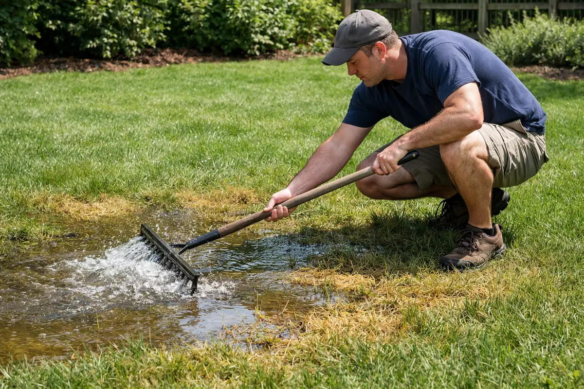 Step 1 – Act Quickly to Clear Waterlogged Grass What to do when my lawn has yellow spots from overwatering Section illustrati