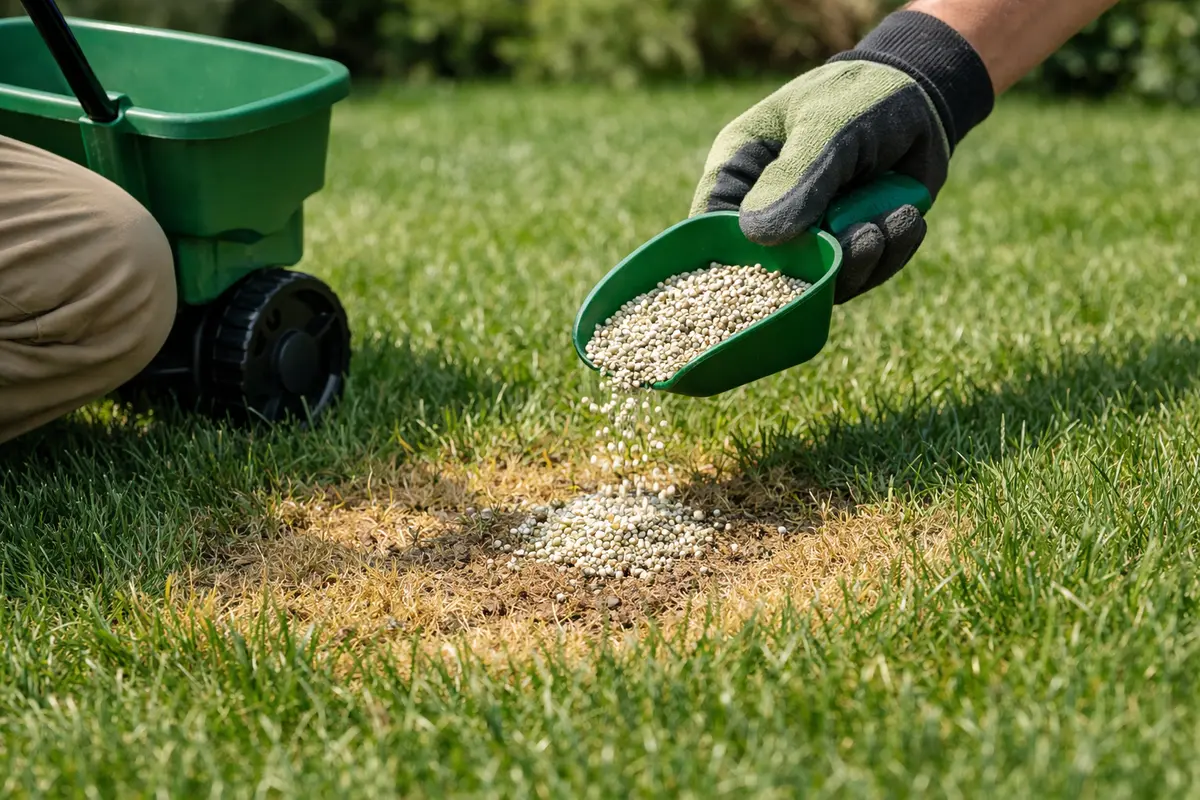 Step 3 – Fertilize Affected Spots for Recovery What to do when my lawn has yellow spots from overwatering Section illustratio