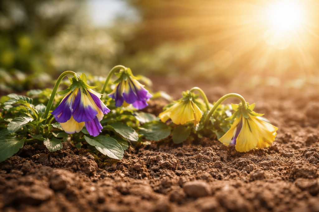 pansy flowers starting to droop after a week from heat stress under strong sunlight