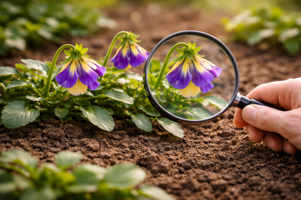 pansy flowers starting to recover after drooping with firmer stems and improved leaves