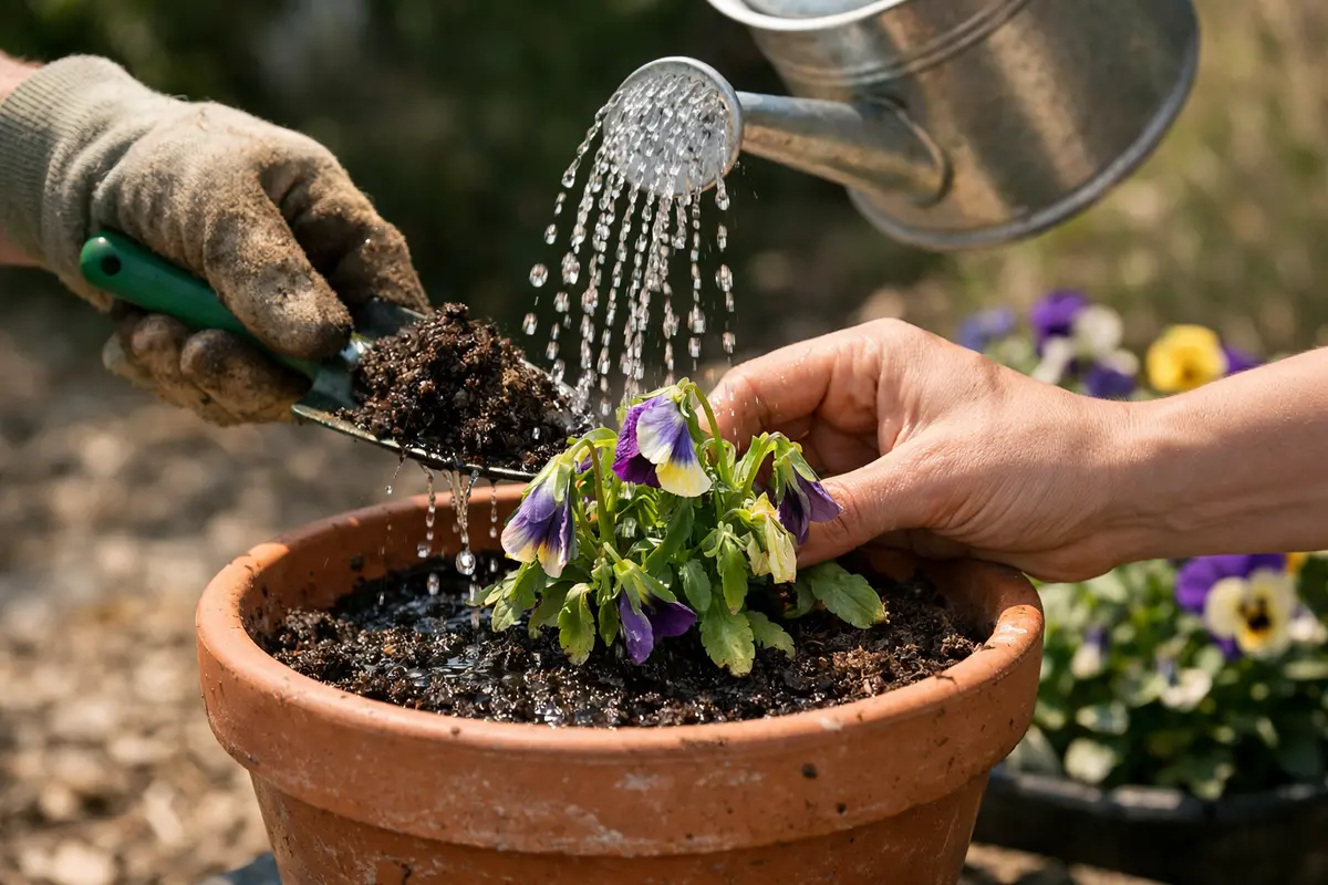 Step 1 – Water Pansy Flowers Immediately in Heat What to do when pansy flowers are wilting in the sun Section illustration.