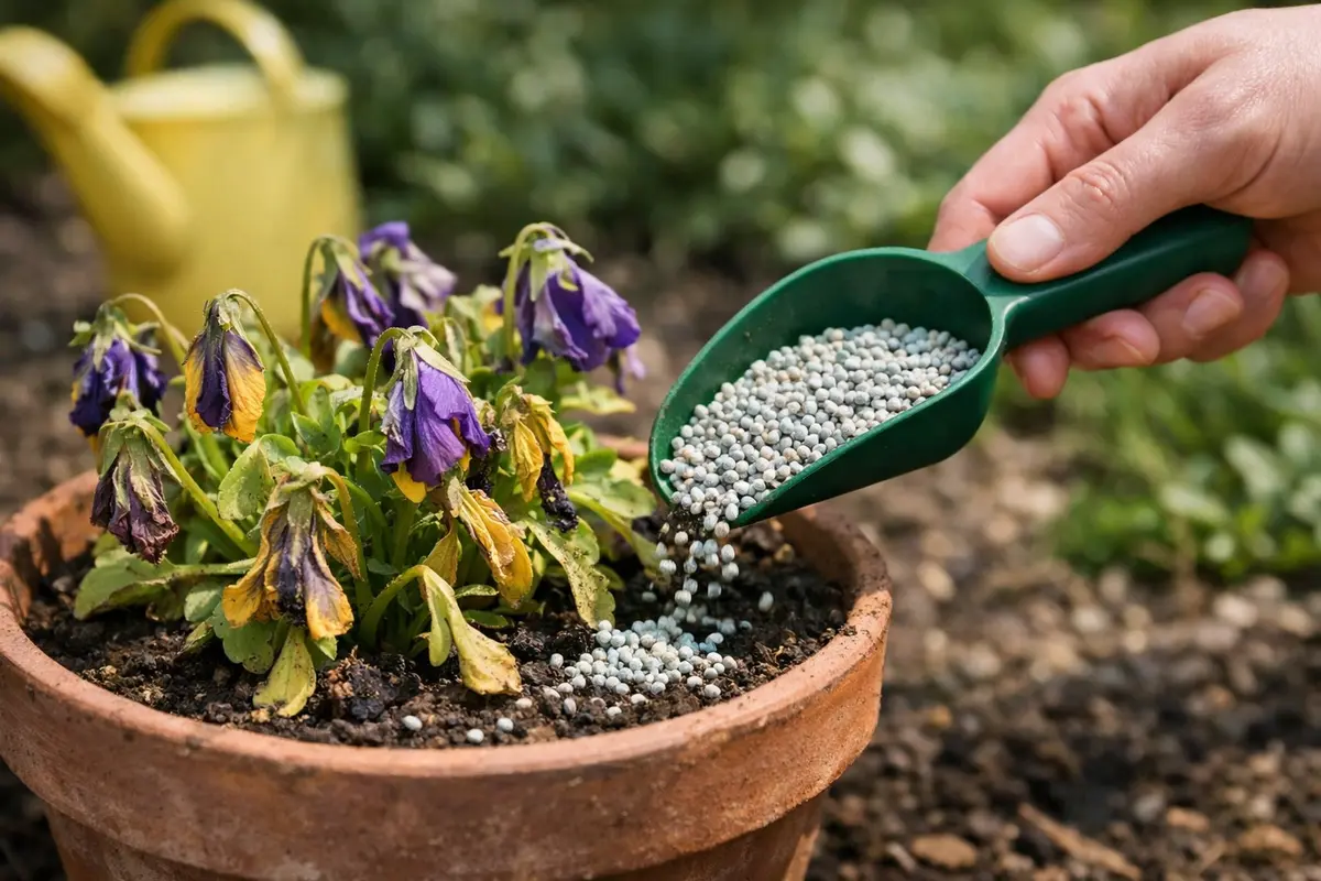 Step 3 – Fertilize Wilting Pansies to Boost Recovery What to do when pansy flowers are wilting in the sun Section illustratio