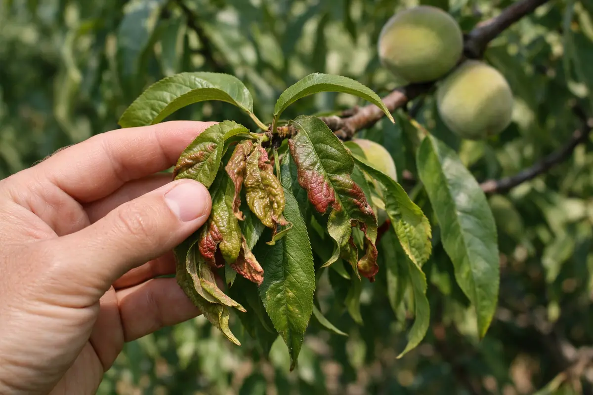 Step 1 – Inspect Peach Tree Leaves for Curling Symptoms Why are my peach tree leaves curling in hot weather Section illustrat
