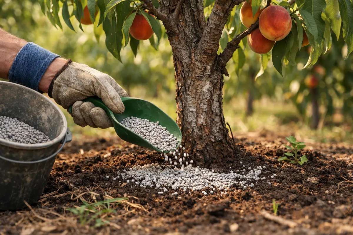 Step 3 – Apply Fertilizer to Revitalize Peach Tree Growth Why are my peach tree leaves curling in hot weather Section illustr