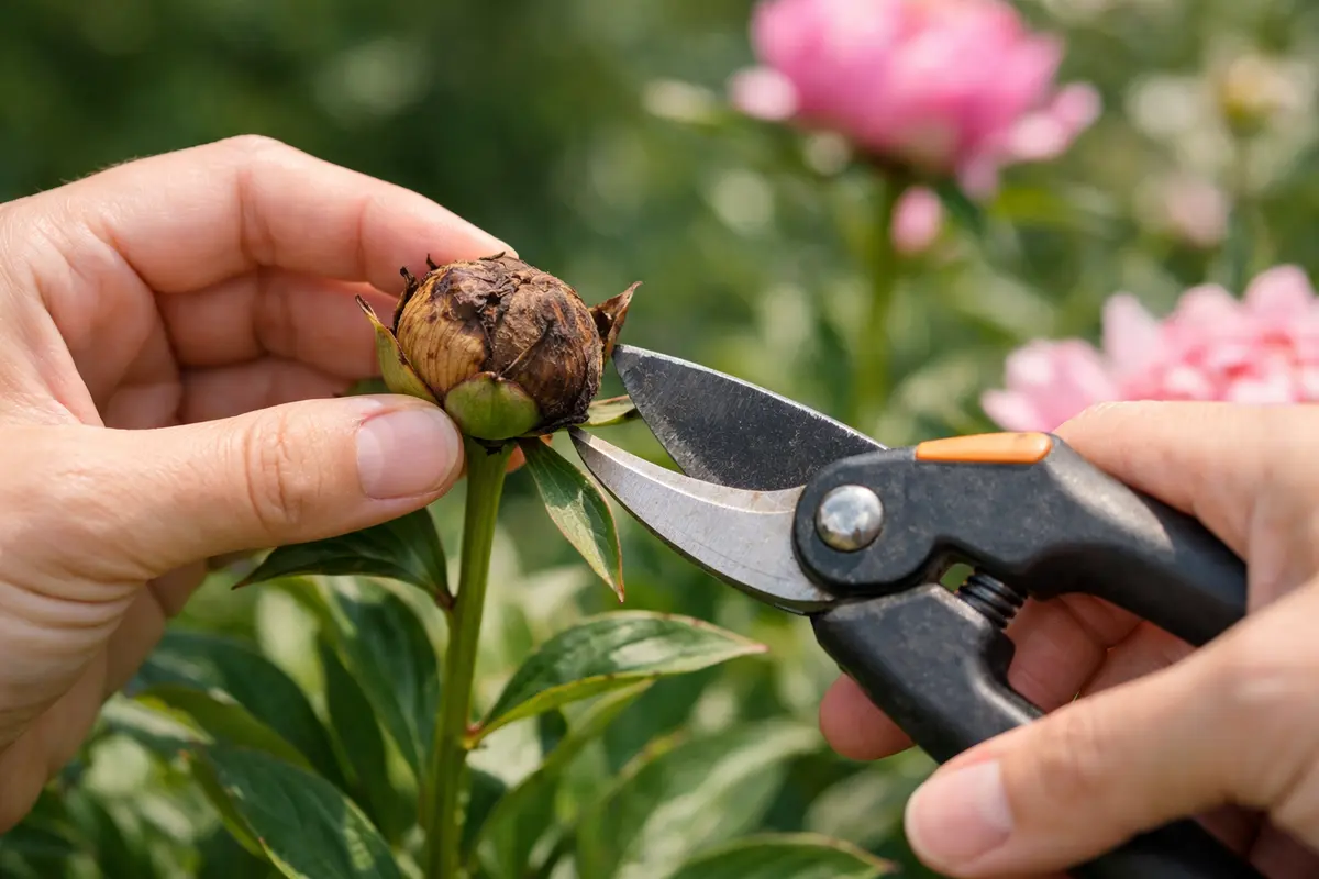 Step 1 – Trim Brown Peony Buds Promptly Why are my peony buds turning brown in hot weather Section illustration.