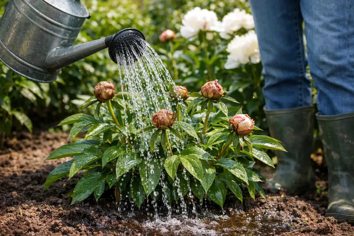 Step 3 – Water Peonies Deeply for Recovery Why are my peony buds turning brown in hot weather Section illustration.