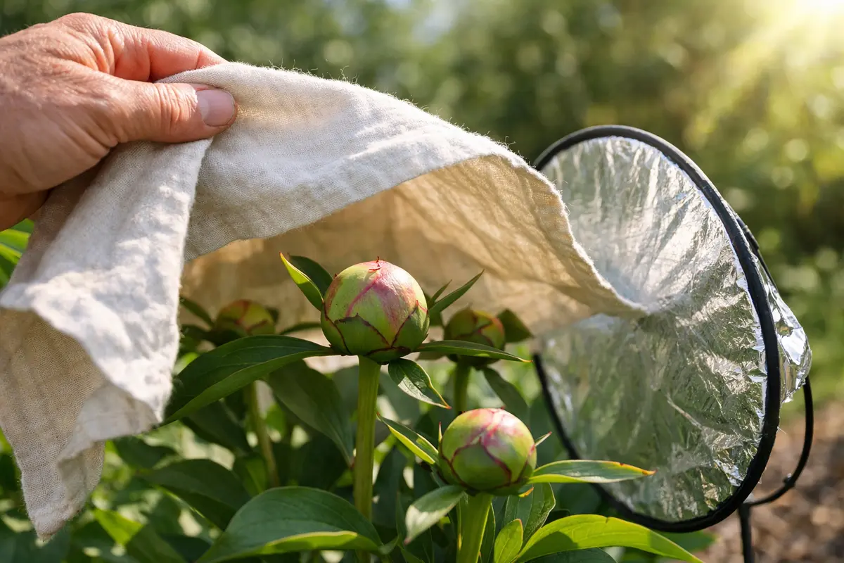 Step 4 – Shield Peony Buds from Extreme Heat Why are my peony buds turning brown in hot weather Section illustration.