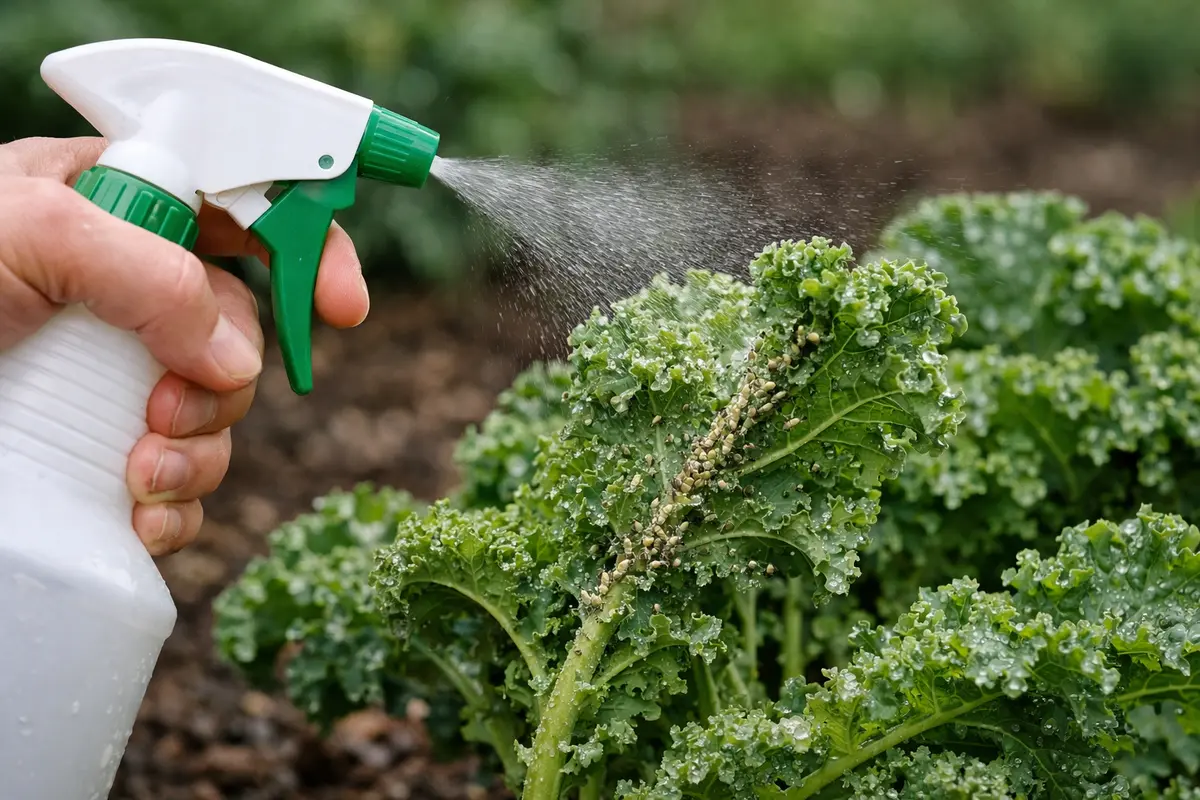 Step 1 – Spray Neem Oil on Affected Kale How to prevent aphids on kale plants after spring rain Section illustration.