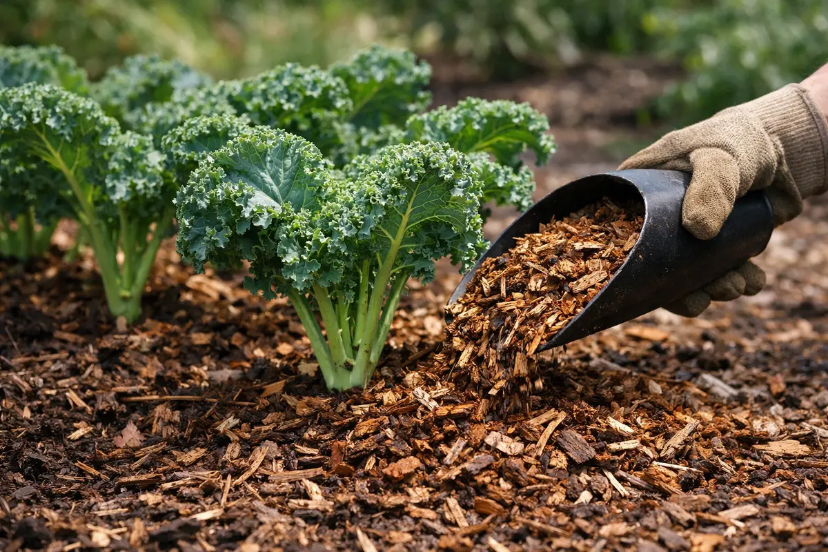 Step 4 – Mulch Around Kale to Deter Aphids How to prevent aphids on kale plants after spring rain Section illustration.