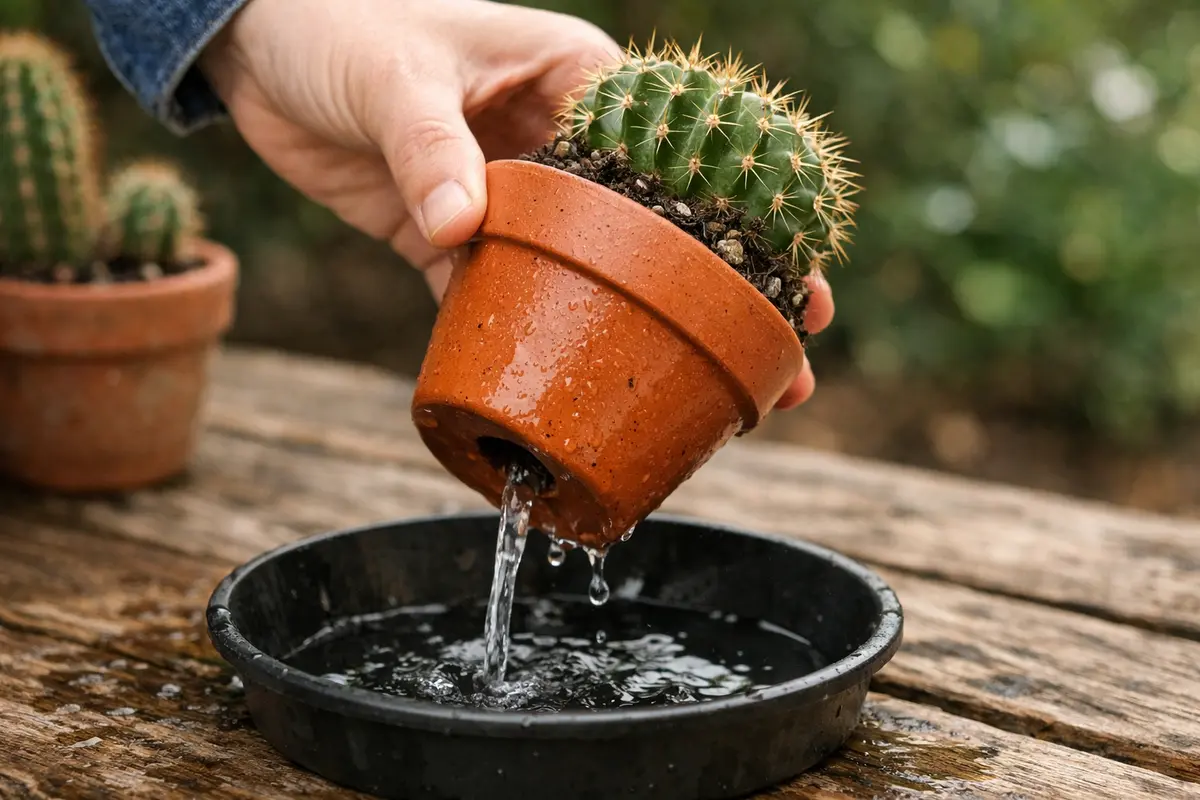 Step 1 – Remove Excess Water from Cactus Pots How to prevent root rot in potted cacti after heavy rain Section illustration.