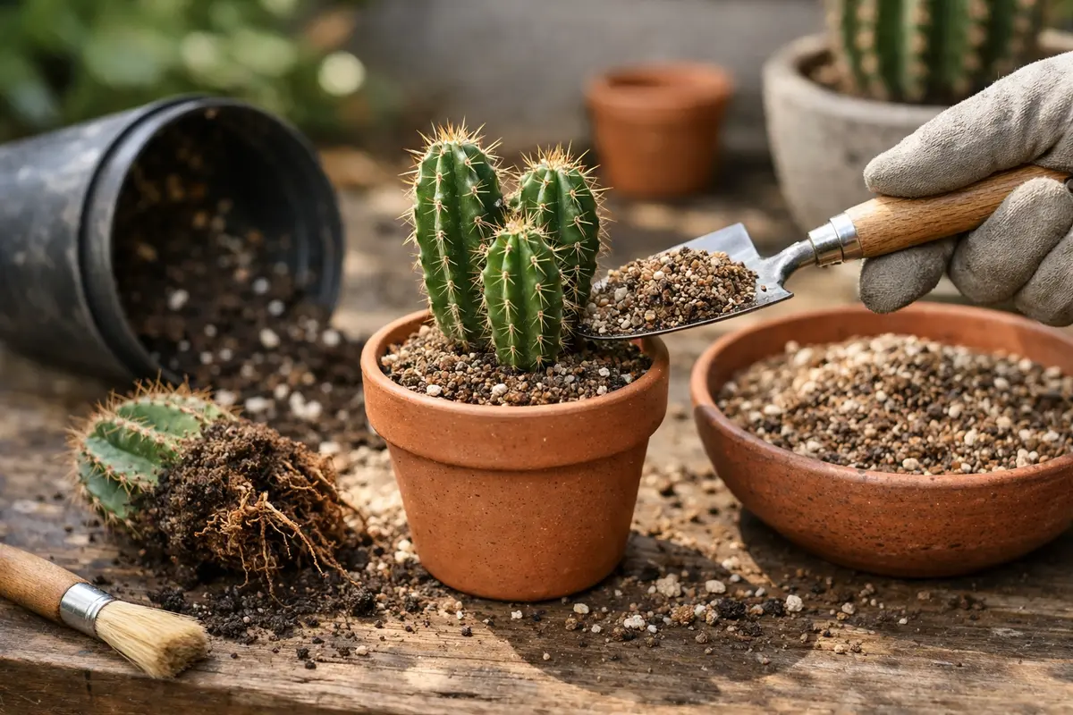 Step 3 – Replant Cacti in Fresh, Dry Soil How to prevent root rot in potted cacti after heavy rain Section illustration.