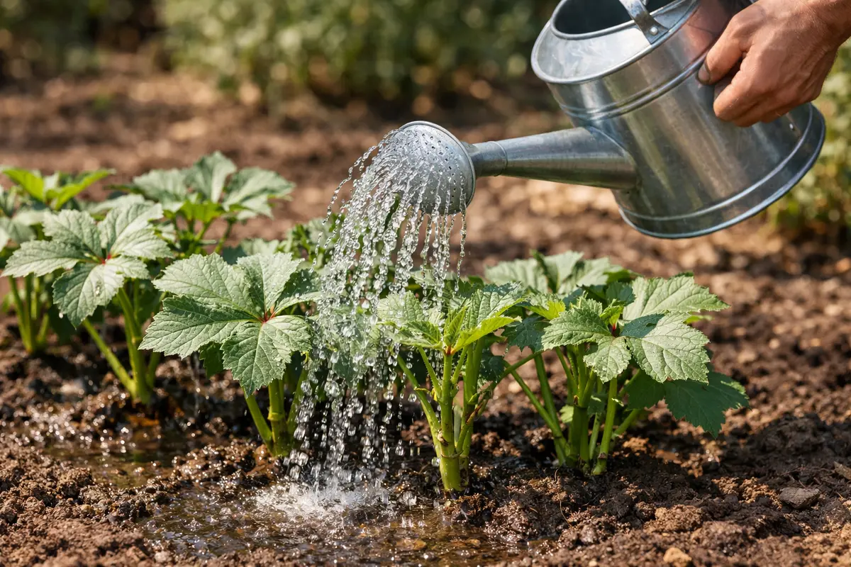 Step 1 – Water Okra Immediately to Prevent Wilting How to prevent wilting in okra after exposure to harsh sun Section illustr