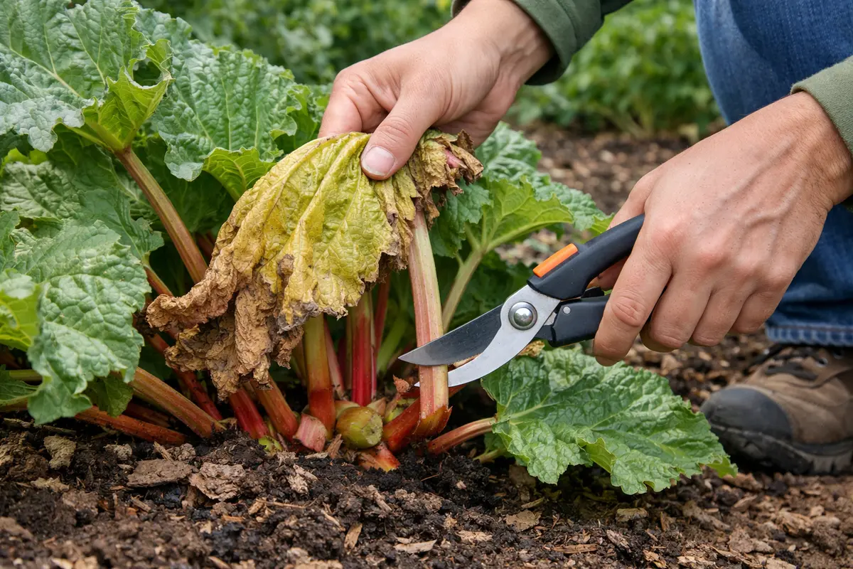 Step 1 – Trim Wilted Rhubarb Leaves Immediately How to prevent yellowing leaves on rhubarb plants in spring Section illustrat