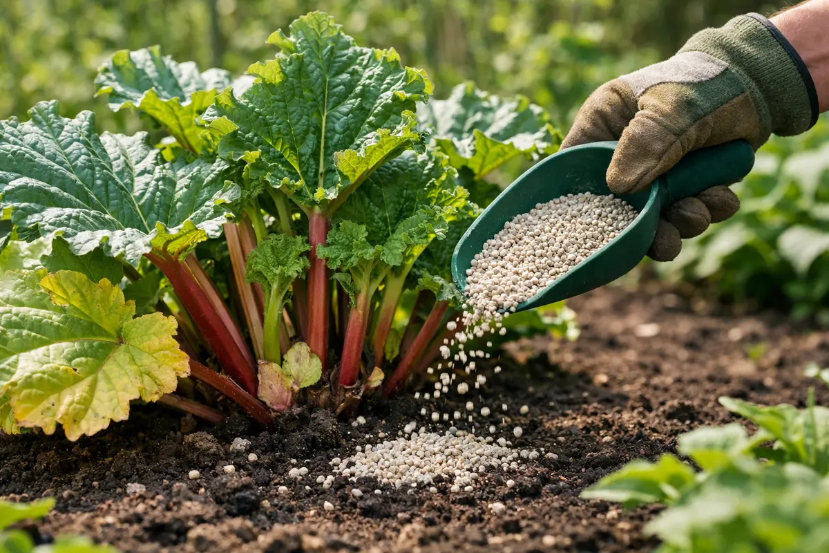 Step 3 – Fertilize Rhubarb for Rapid Recovery How to prevent yellowing leaves on rhubarb plants in spring Section illustratio