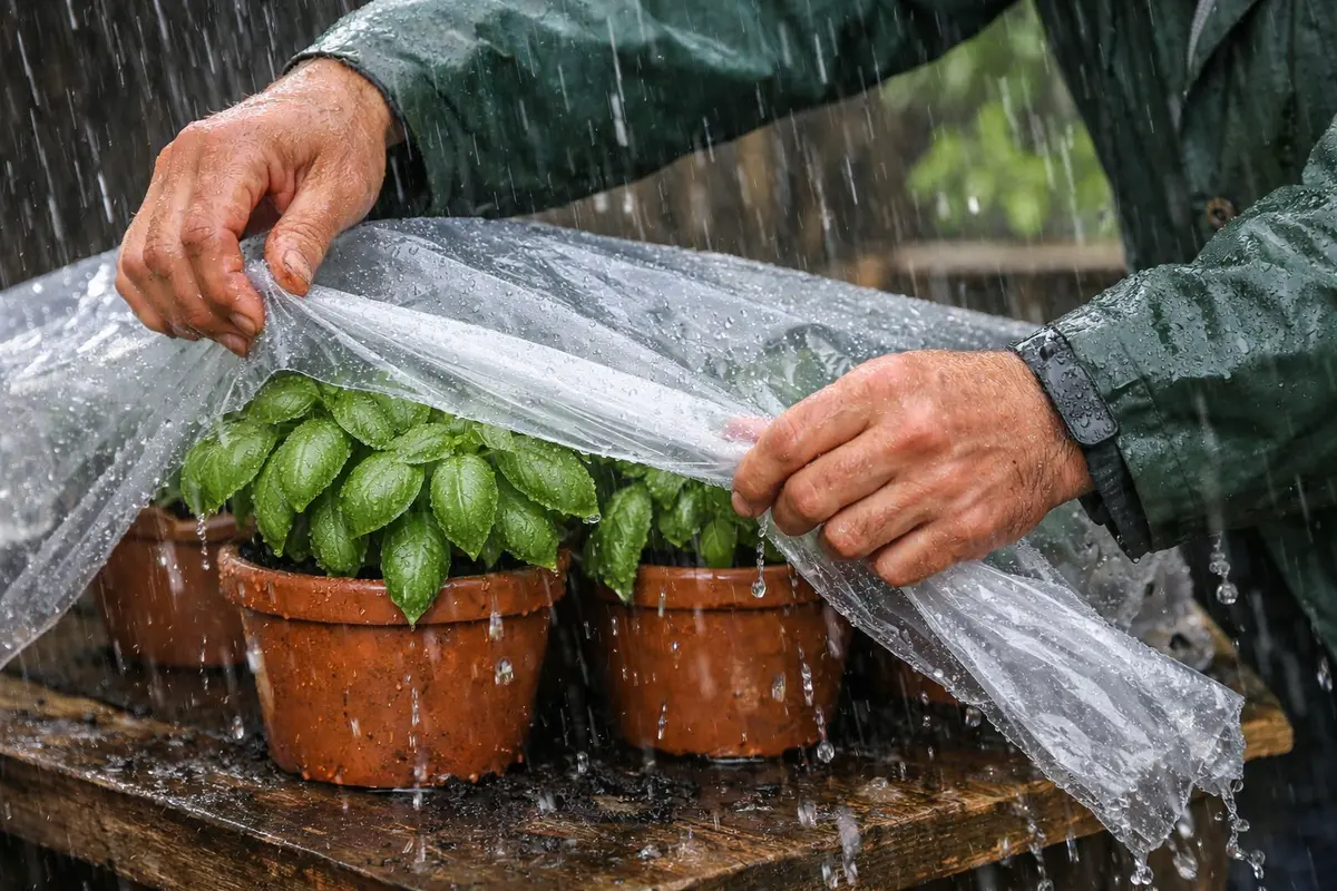 preventing mold on basil leaves in cover basil pots during heavy rain