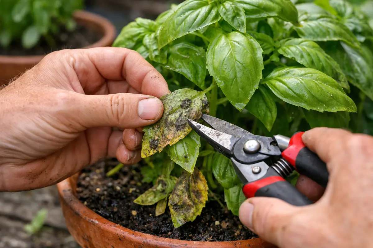 preventing mold on basil leaves in cut back affected basil leaves promptly