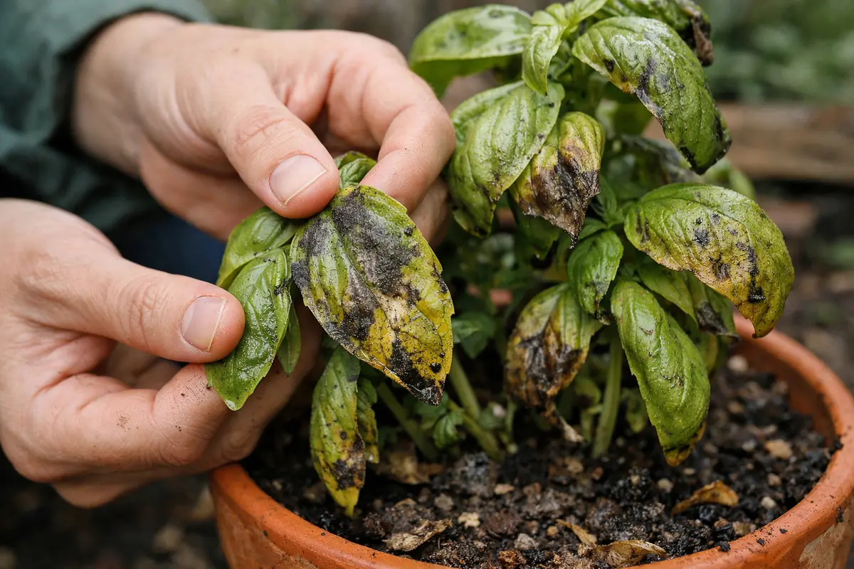 preventing mold on basil leaves in with damaged foliage in outdoor soil