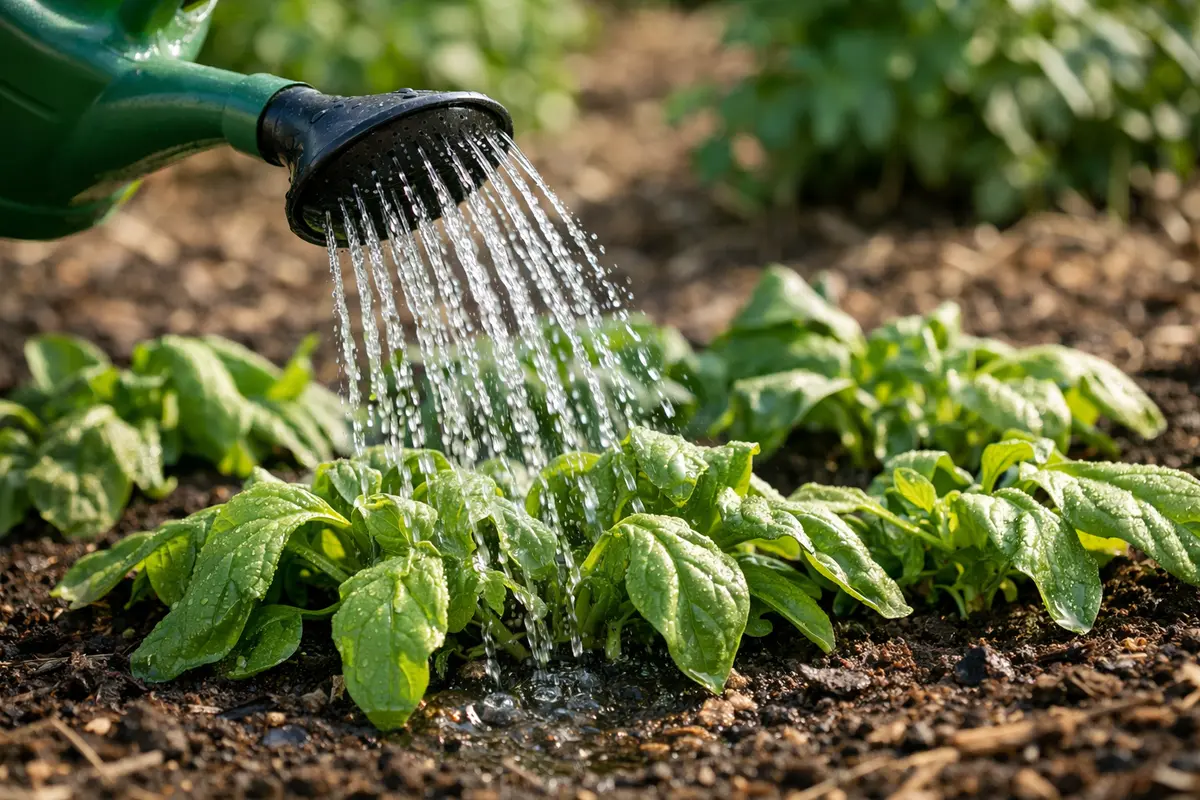Step 3 – Rehydrate Spinach with Targeted Watering Restoring wilted spinach leaves after a heatwave Section illustration.