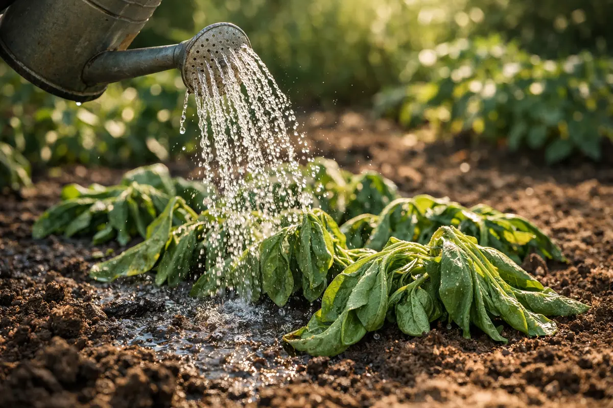 Step 4 – Water Spinach Deeply During Future Heatwaves Restoring wilted spinach leaves after a heatwave Section illustration.