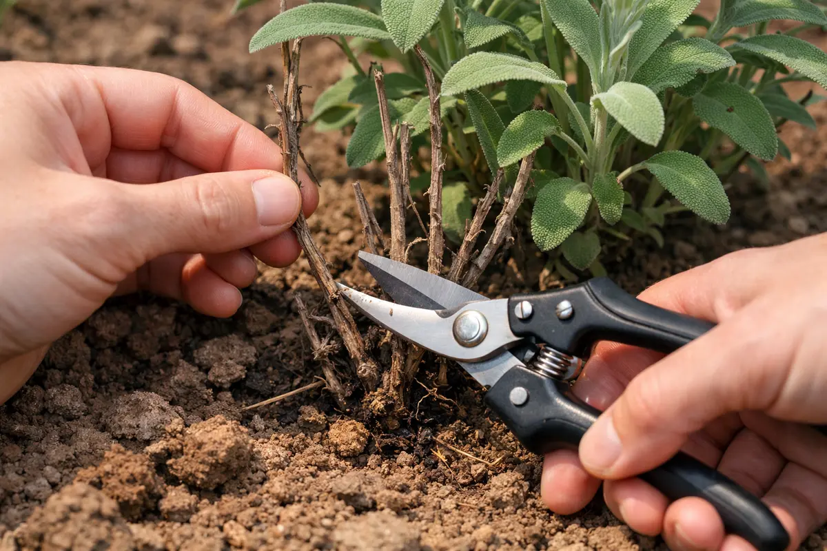 Step 1 – Remove Dead Sage Stems Promptly Why is my sage dying after being planted in clay soil Section illustration.